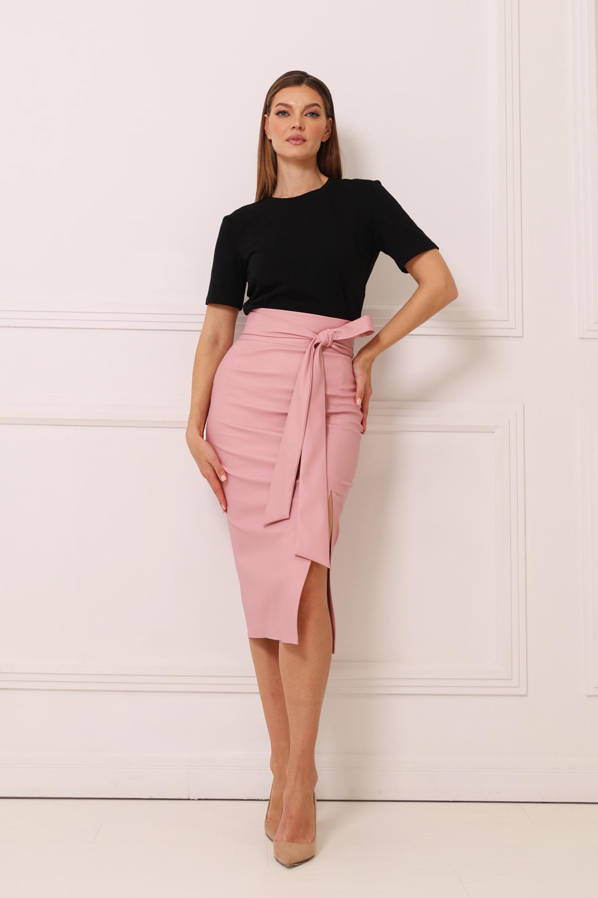 Юбка миди из экокожи с разрезом